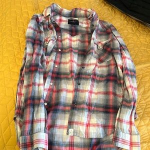 Small American Eagle Red and Grey Boyfriend Fit Flannel
